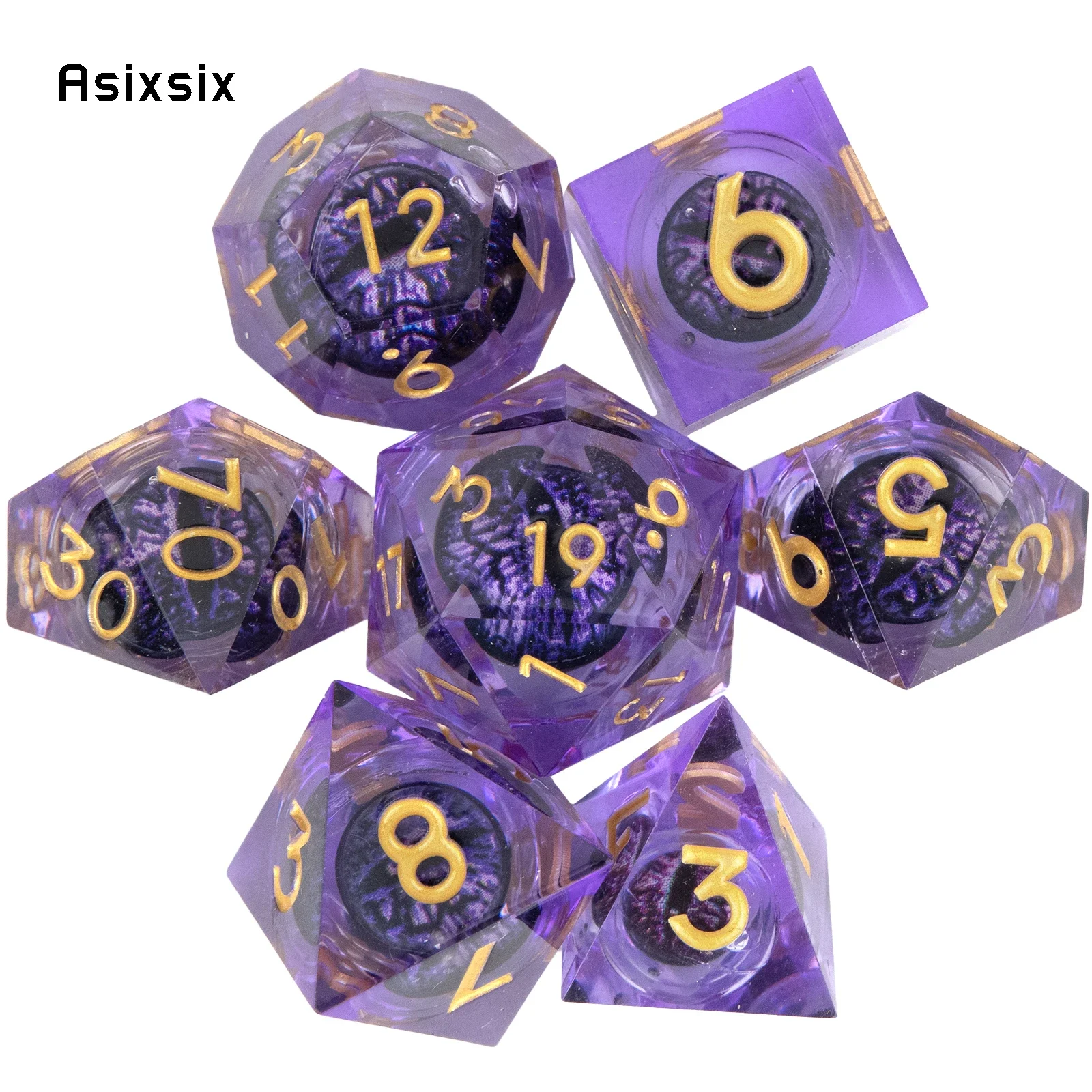 

7 Pcs Purple Eyeball Golden Number Sharp Edge Resin Dice Polyhedral Dice Suitable for Role-Playing RPG Board Game