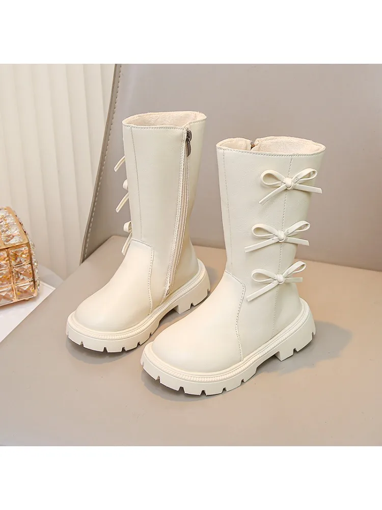 Bottes hautes pour enfants blanc/noir nœud côté fermeture éclair doublé polaire semelle épaisse chaussures d'hiver chaudes pour les filles Botas Para Niñas