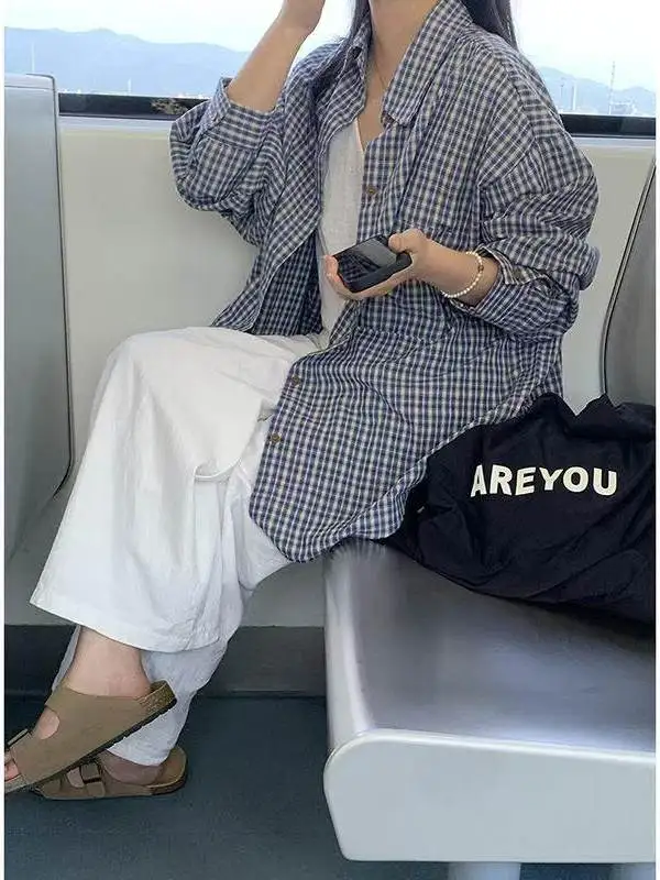 

Ретро-рубашка в клетку свободного кроя для женщин, новинка ранней весны, в корейском стиле, повседневная, с длинным рукавом, верхняя одежда для поездок на работу
