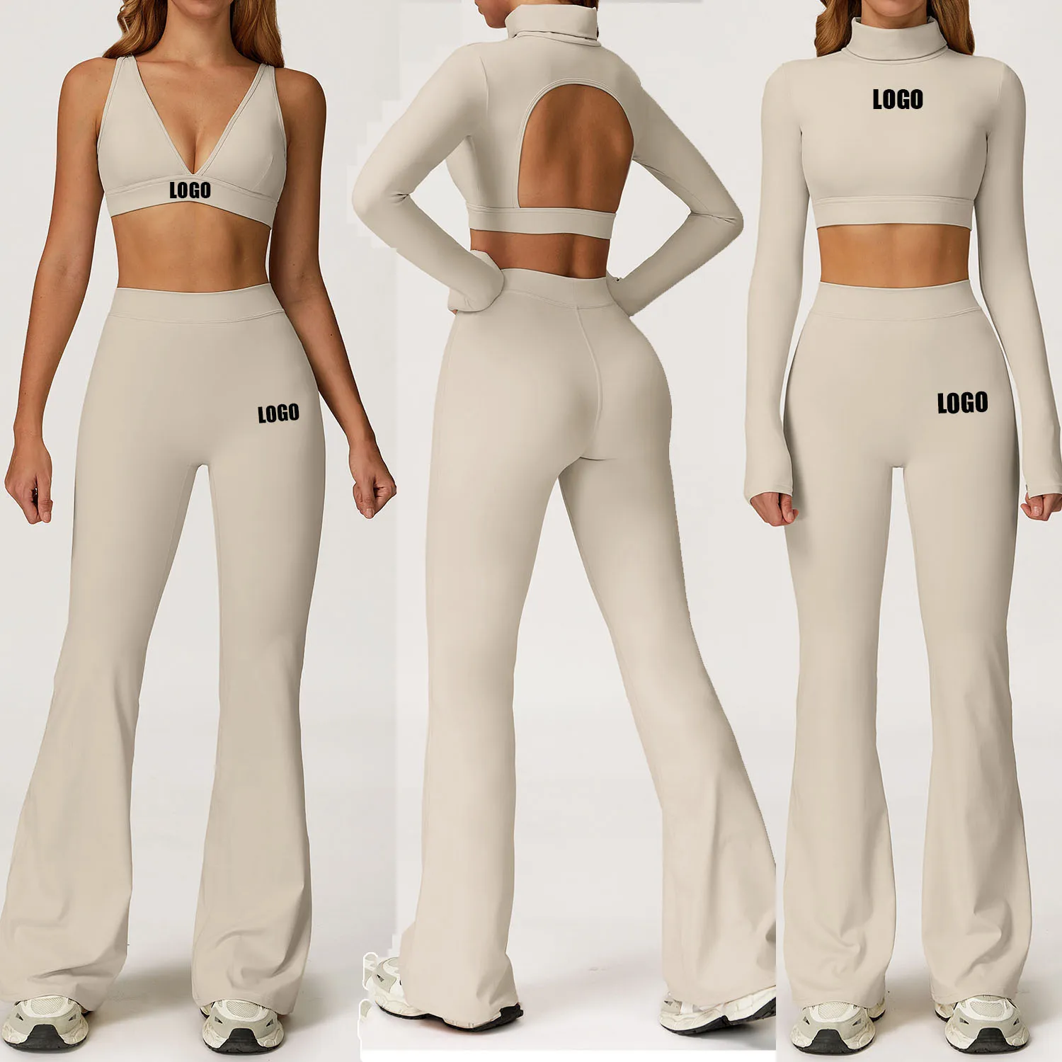 

Женский костюм для йоги с индивидуальным логотипом, повседневный универсальный облегающий спортивный костюм на открытом воздухе, бег, фитнес, расклешенные брюки, комплект из двух предметов