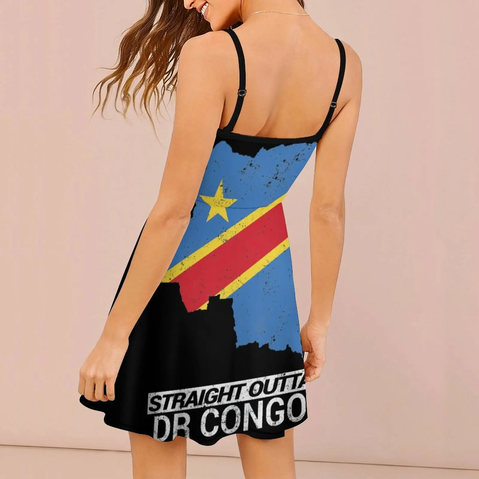 Exotic Straight Outta Democratic Republic of The Congo ( DRC ) Country Map & Flag Women's Sling Dress Funny  Parties  Woman's Dr