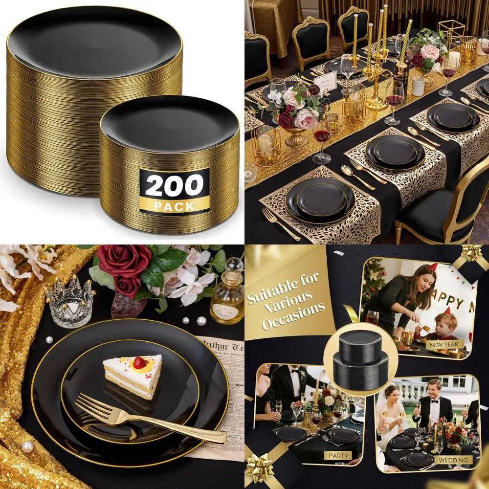 

Одноразовые черные пластиковые тарелки в упаковке 200 штук — 100 обеденных и 100 десертных тарелок для вечеринок и дней рождения