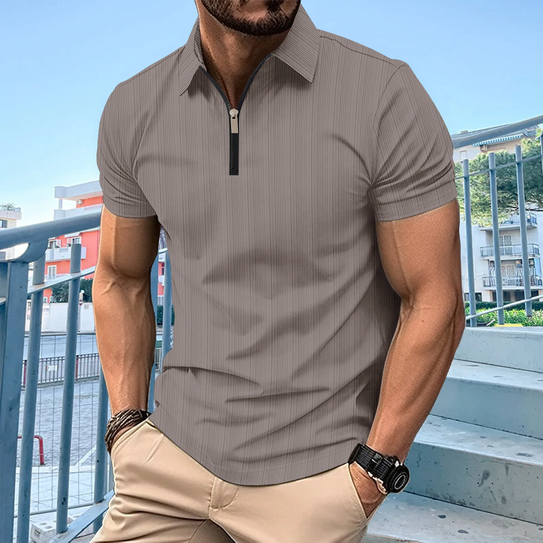 

Men's short-sleeved polo shirt zipper texture lapel solid color T-shirt sports leisure slim-fit high quality fashion hot sale