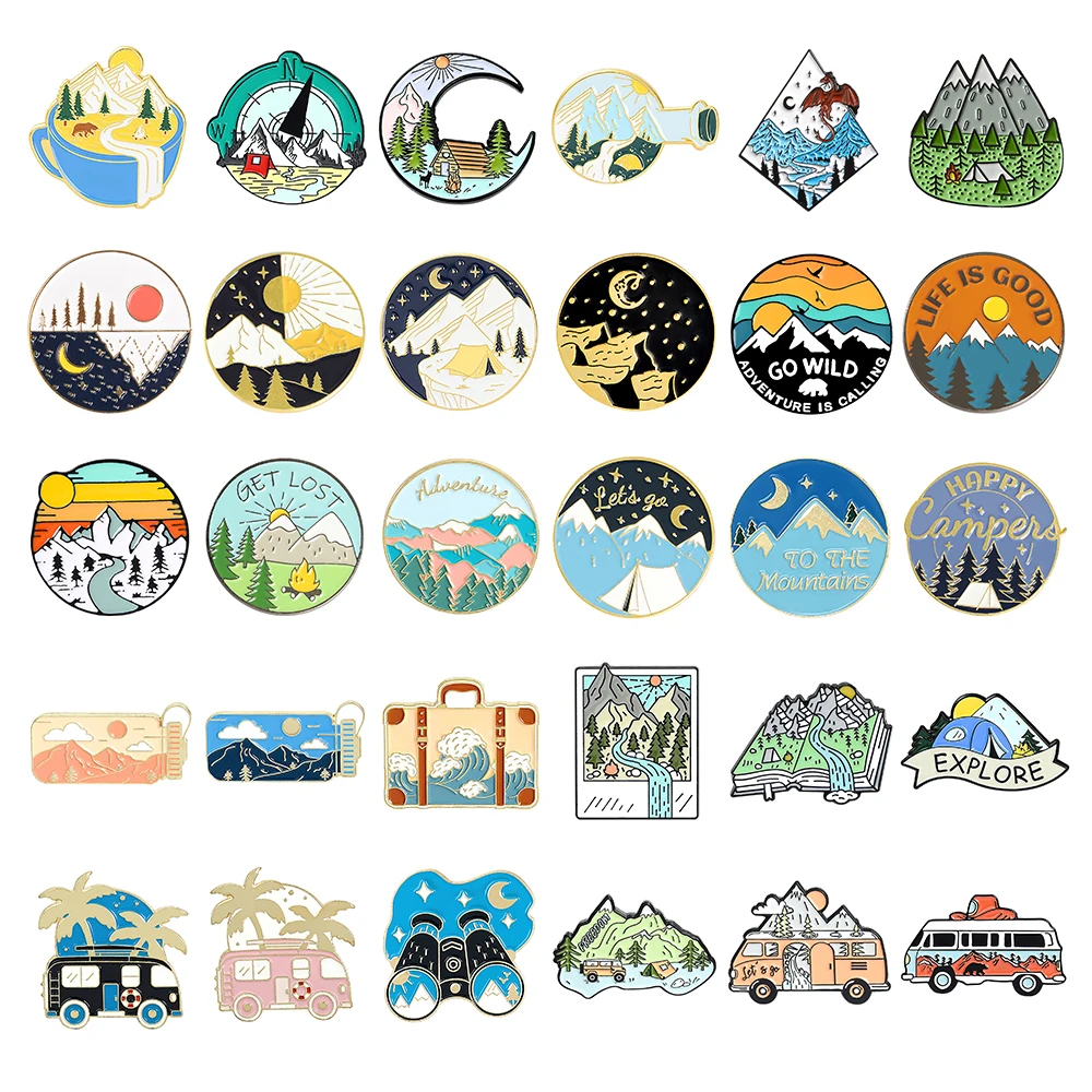 Alloy Travel Broche para Mochila, Field Crossing, Caminhadas Cenário, Snow Scene, Mountain Peak, Acessórios de vestuário, Badge Lapel Pins