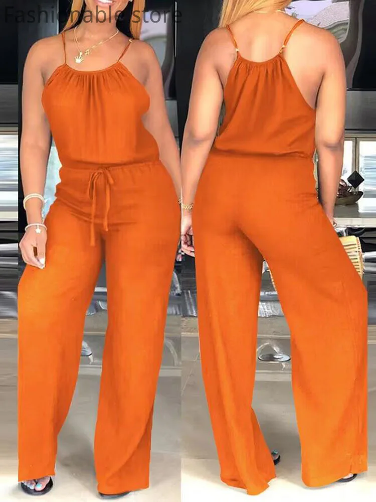 

Women Casual Solid Color Spaghetti Strap Drawstring Jumpsuit