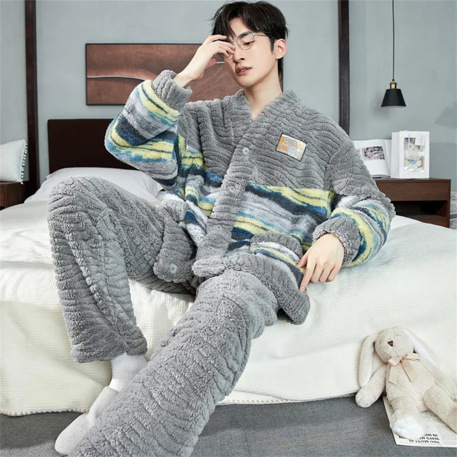 

Men's Winter Warm Coral Fleece Pajamas Set Fluffy Coat + Long Pants Male Sleepwear for Sleeping 2 Pieces Home Wear Loungewear