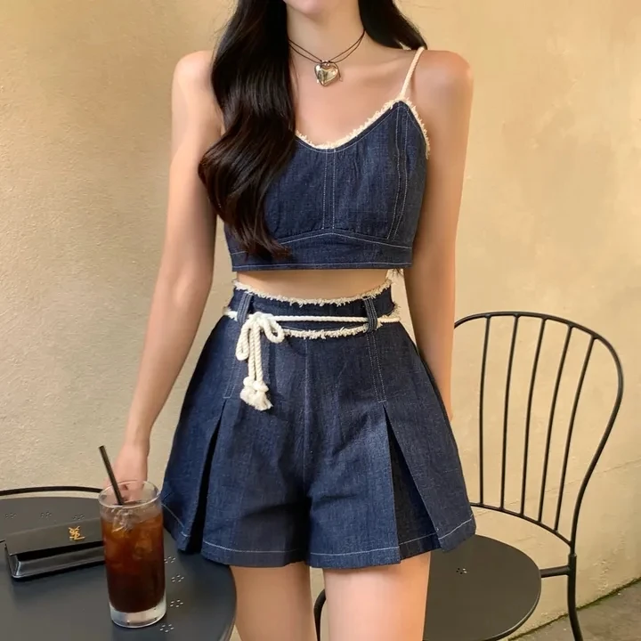 

Summer New Chic Retro Faionable V-ne ort Strap High Waist Slim A-line orts Two-piece Set Women's High Waist ort Pan...