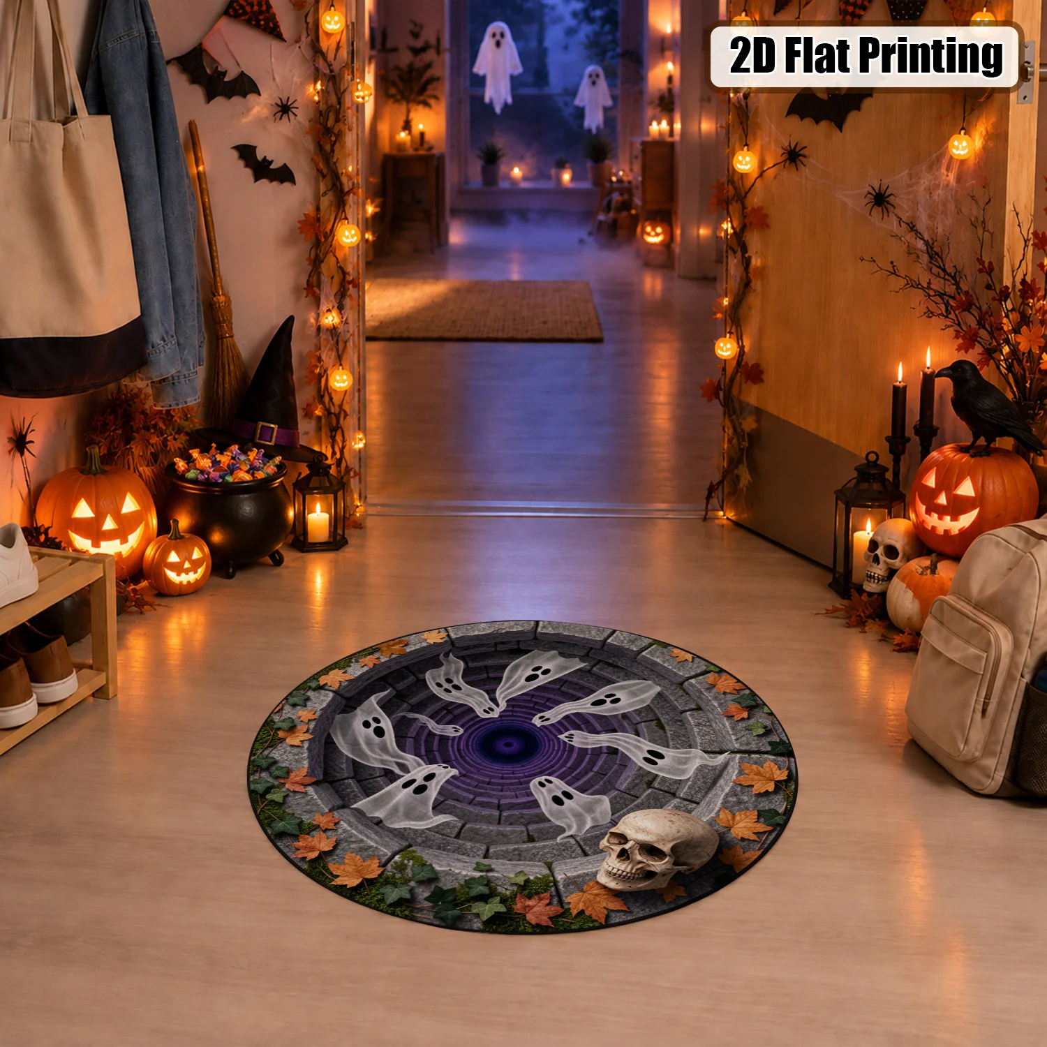 Spooky Ghost Skull Vortex Round Velvet Rug Machine Washable for Living Room Bedroom Entryway Dining Room Halloween Thanksgiving Black Friday Christmas New Year