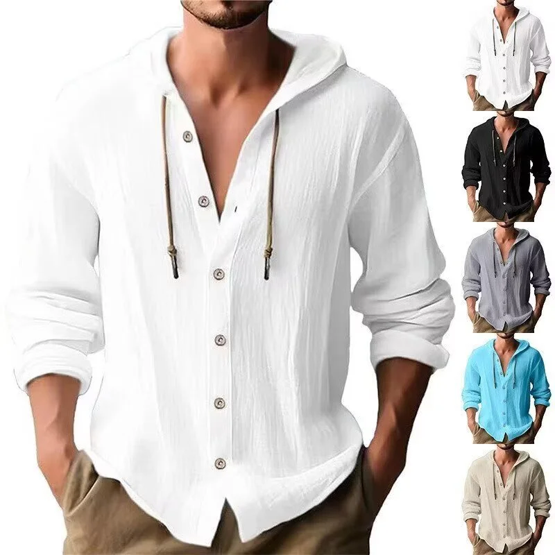 Summer Hot Sale Beach Style Shirts Men's Long-Sleeved With Hood Cotton Linen Solid Color Casual Versatile Collar Shirt Male Top 1