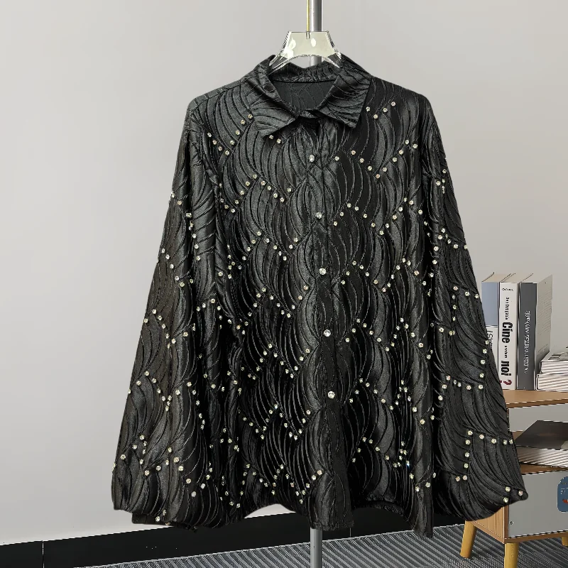 Black,Korean,Style,Loose,Blouse,Fashion,Sexy,Cardigan,Button,Shiny,Diamonds,Women,Shirt,Flare Sleeve,Casual,Tops,New,4121807