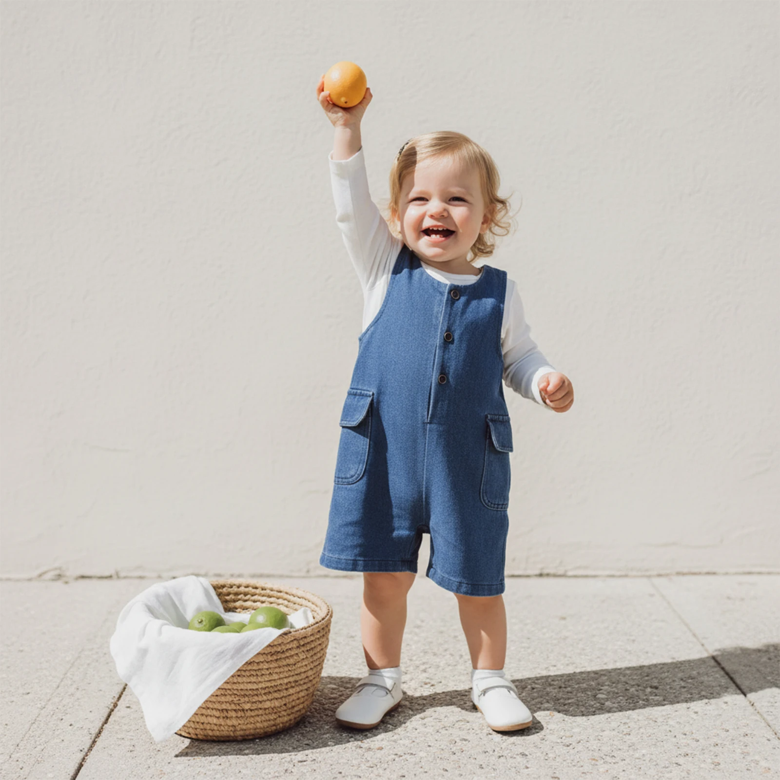 Kids Boys Girls Summer Denim Overalls Solid Color Casual Sleeveless Crew Neck Short Jumpsuit Pants with Side Pockets