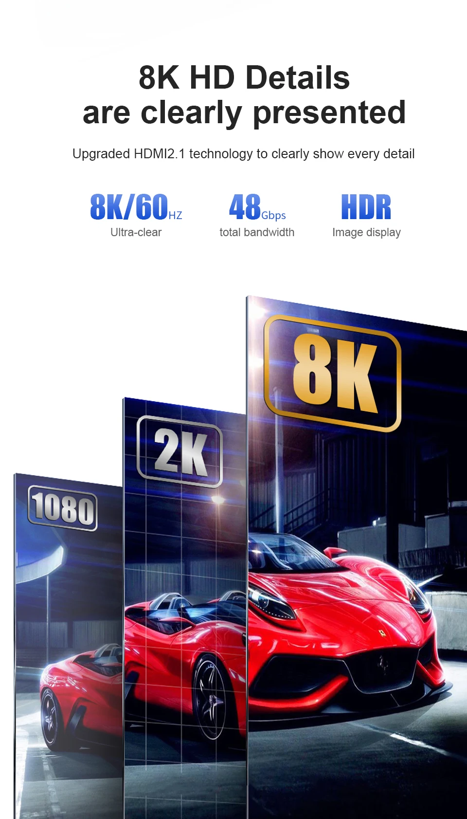 Long 8K HDMI 2.1 Cables, 48Gbps , High Speed Braided Cord-4K@120Hz 8K@60Hz, Compatible With Roku TV/PS5/PS4/HDTV/RTX 3080 3090