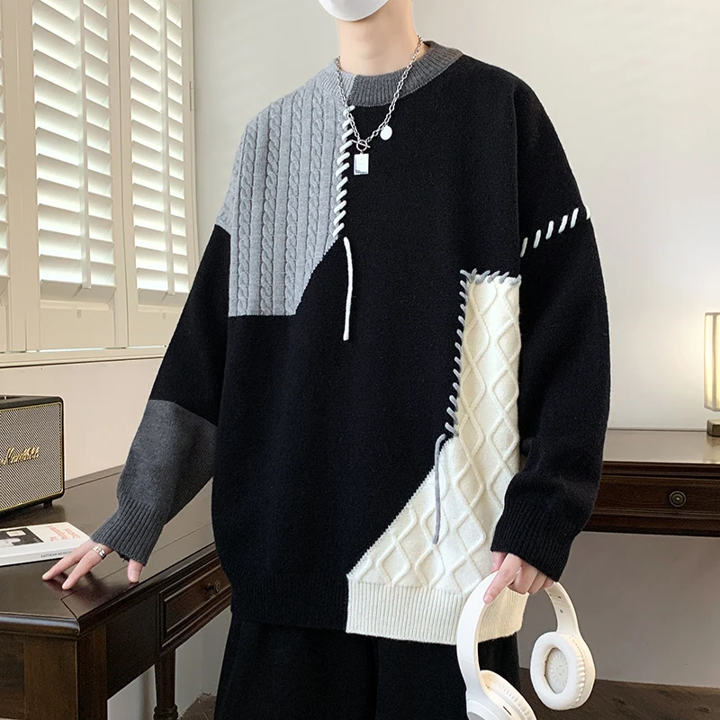 

Winter Sweaters Men Warm Contrasting Casual Knitted Pullovers Men Streetwear Loose Long Sleeved Sweaters Mens Jumper Clothes