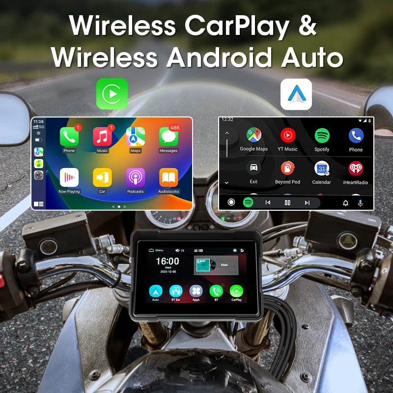 JMCQ 5 Inch Motorcycle Carplay DVR Wireless Carplay & Android Auto IP67 Waterproof GPS Navigation IPS Screen Display Dash Cam