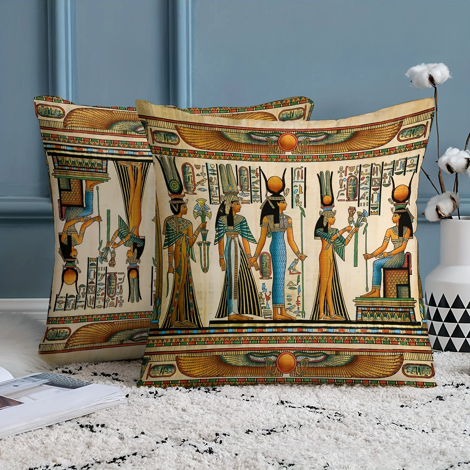 Egyptian Figure Plush Retro Pillow Cover, Minimalist Art Modern Style for Bedroom Living Room Home Decoration