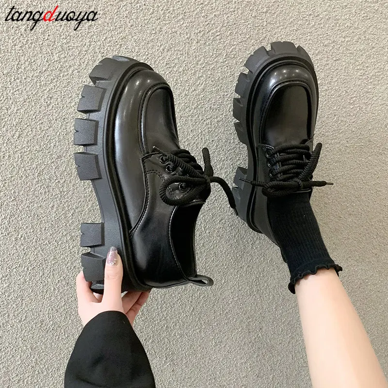 Chunky Platform Oxfords Shoes for Women 2024 New Non Slip Lace Up Lolita Shoes Woman Thick Bottom Leather Gothic Shoes