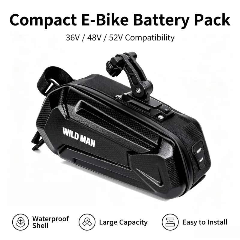 Rechargeable 36V 48V 52V 10Ah 12Ah 14Ah 16Ah Lithium Battery Pack Waterproof Hook Bag Compatible for 150W-500W Bike Power Source