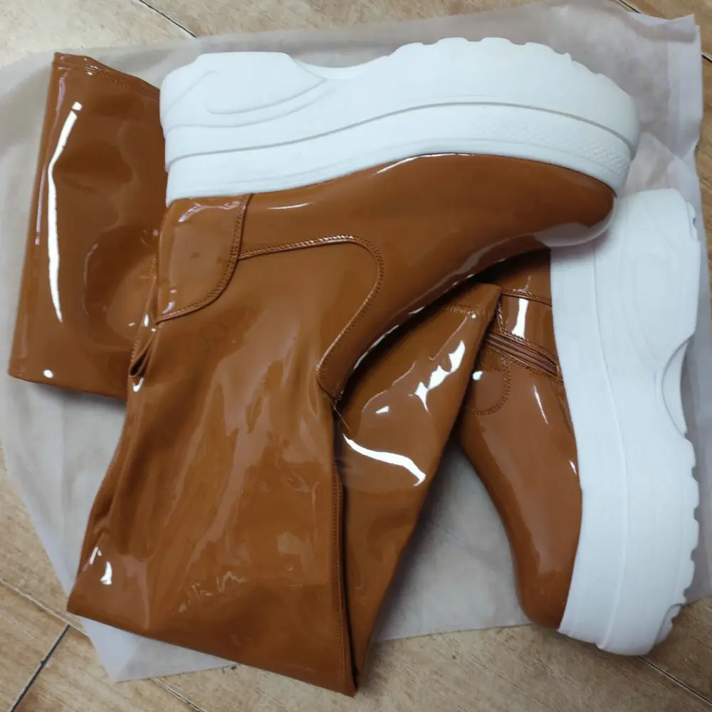 Plus Size Fashion Sneakers Women Patent Leather High Heel Over The Knee High Boots Female Round Toe Platform Pumps Casual Shoes