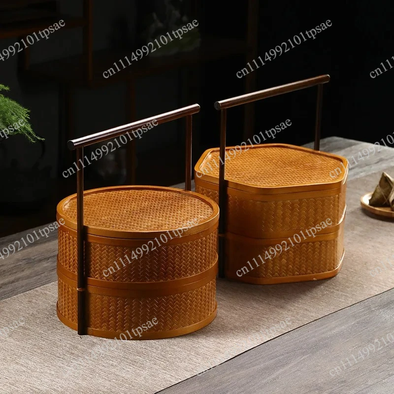 Bamboo woven hand-held basket, double-layer, retro, traditional, handmade, tea set, food and snack storage box