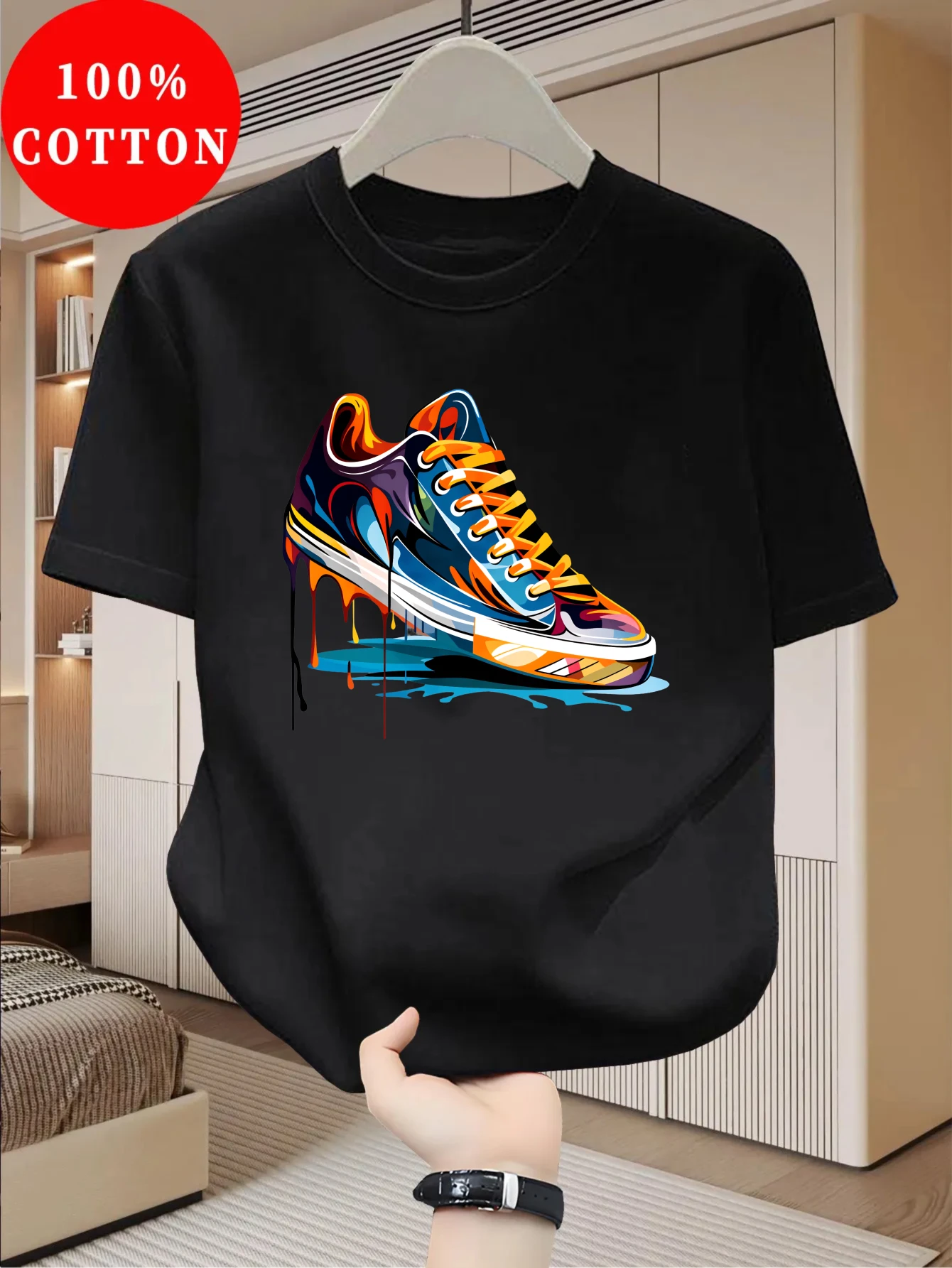 Summer Men's 100% Cotton Casual Personalized Trendy Sneakers Graffiti Printed Loose Round Neck Short Sleeve T-shirt view 3