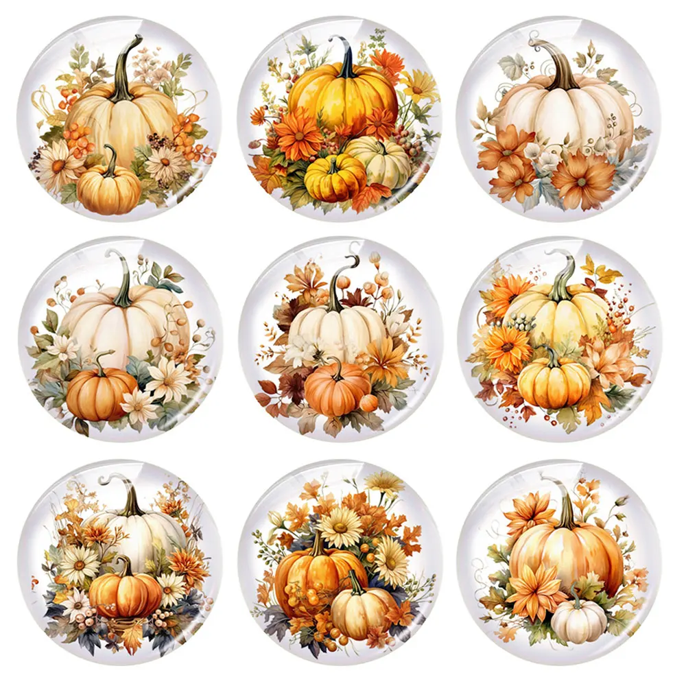 Handmade Thanksgiving Flowers Pumpkin Fall Autumn Photo Glass Cabochon Flatback Demo Flat Back Cameo For Diy Jewelry Making