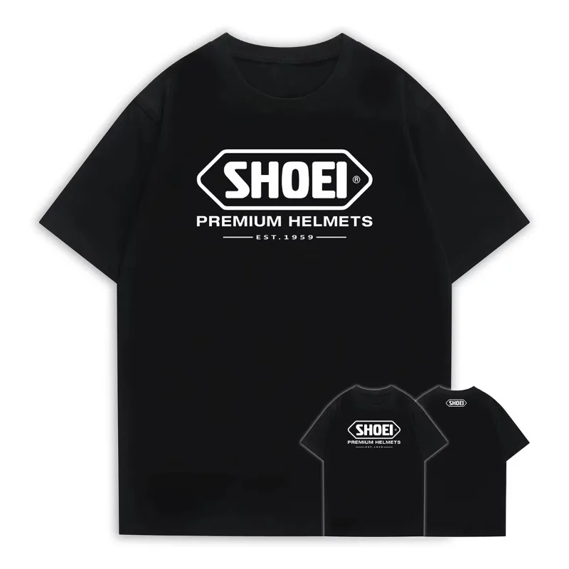 A Black Round-neck Short-sleeved T-shirt with A Classic Japanese SHOEI Motorcycle Racing Helmetthe Same Style As Marquis Summer