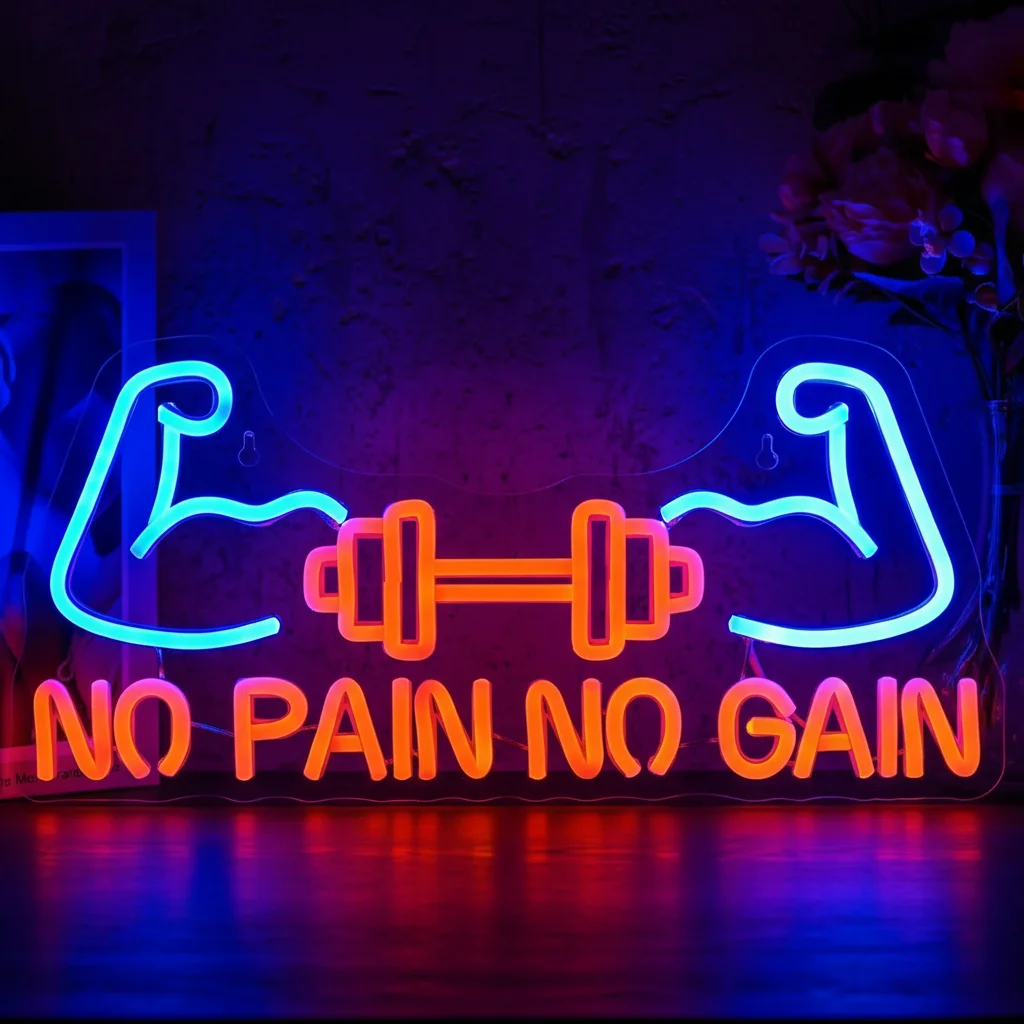 No Pain No Gain Neon Sign - Dimmable Dumbbells LED Light for Bedroom ,Fitness Club, Gym, Bar & Bodybuilding, Vibrant Wall Art