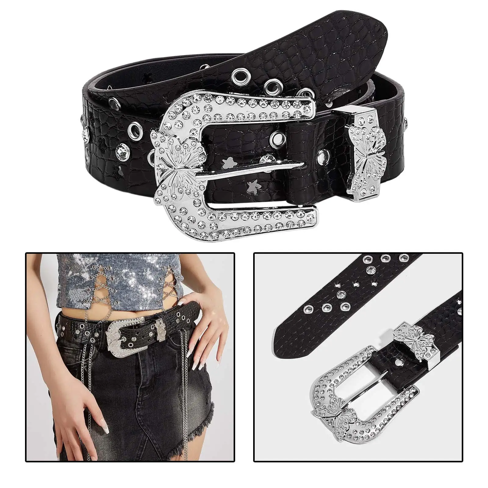 

Womens Waist Belt 1.5inch Wide Waist Belt Goth Belt Long 105cm Rhinestones Belts Waistband for Dress Trouser Jeans Clothes Club