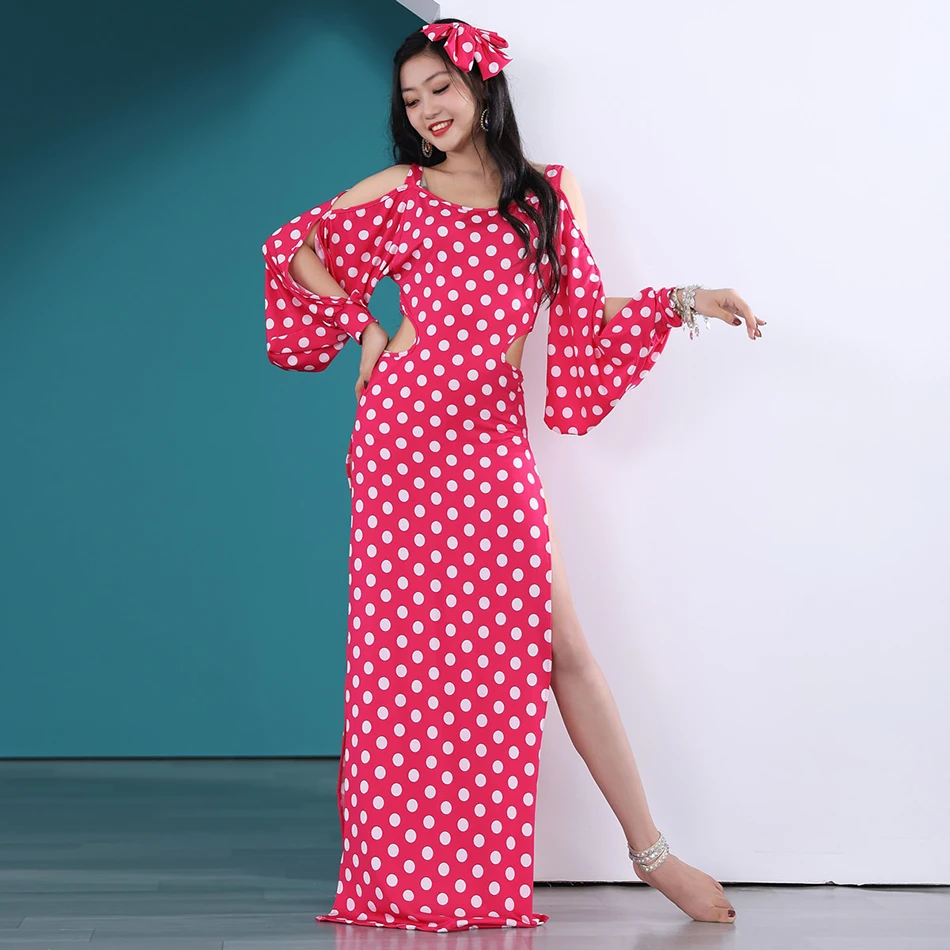 زي رقص شرقي نسائي ، رداء نسائي أبيض بنقط ، زي عرض فولكلوري ، زي تمرين رقص شرقي