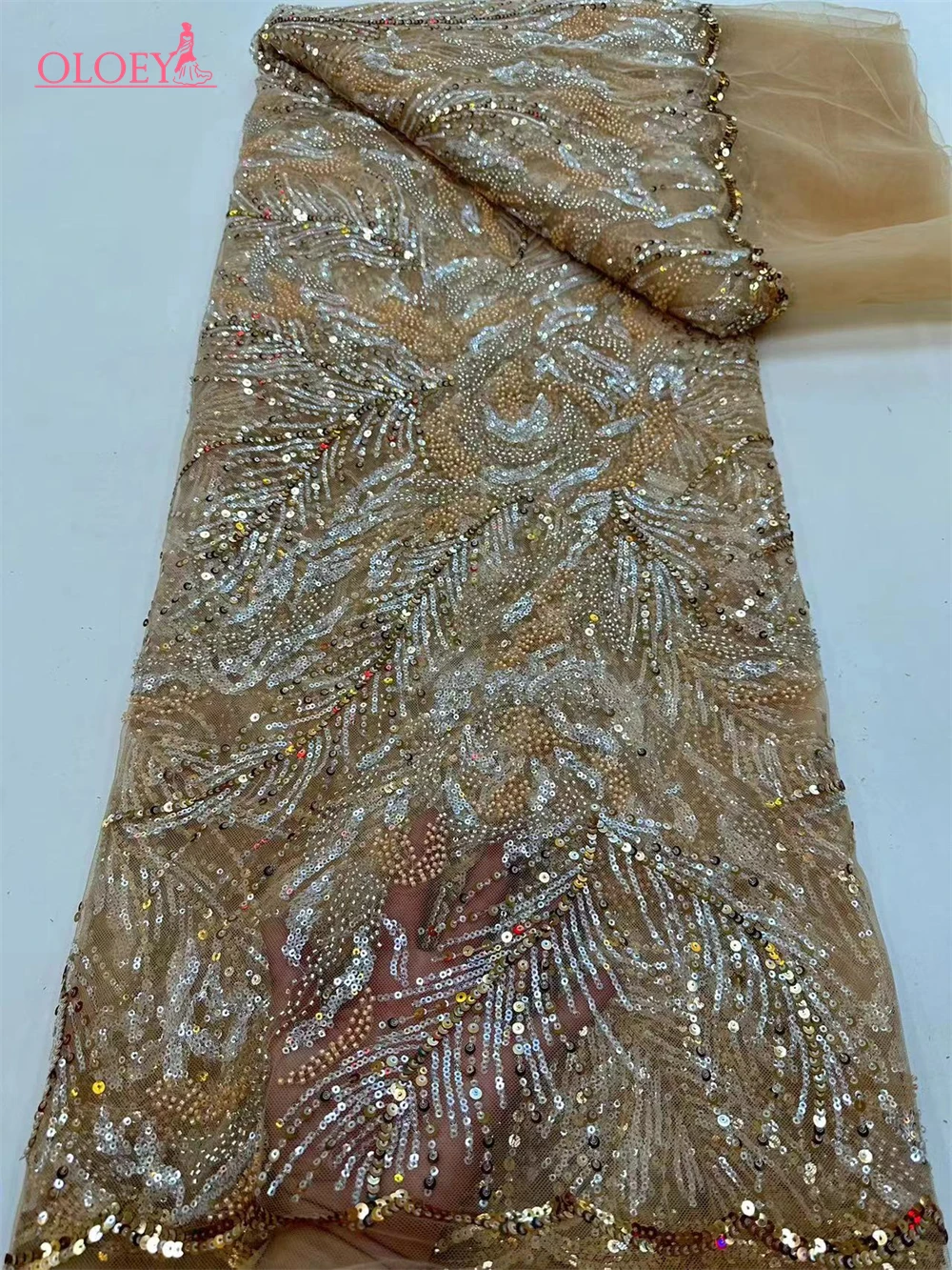 Tecido de renda com lantejoulas para vestido de casamento, bordado francês, frisado, africano, nigeriano, elegante, moda