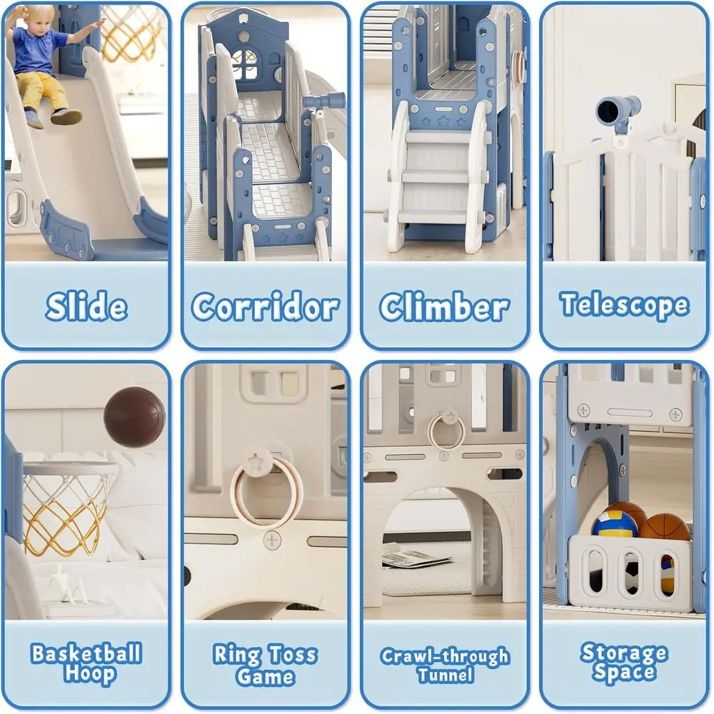 Conjunto de escorregadores infantis 9 em 1 para idades de 1 a 3 anos, centro de jogos com alpinista, cesta de basquete, adequado para uso interno e externo (azul)