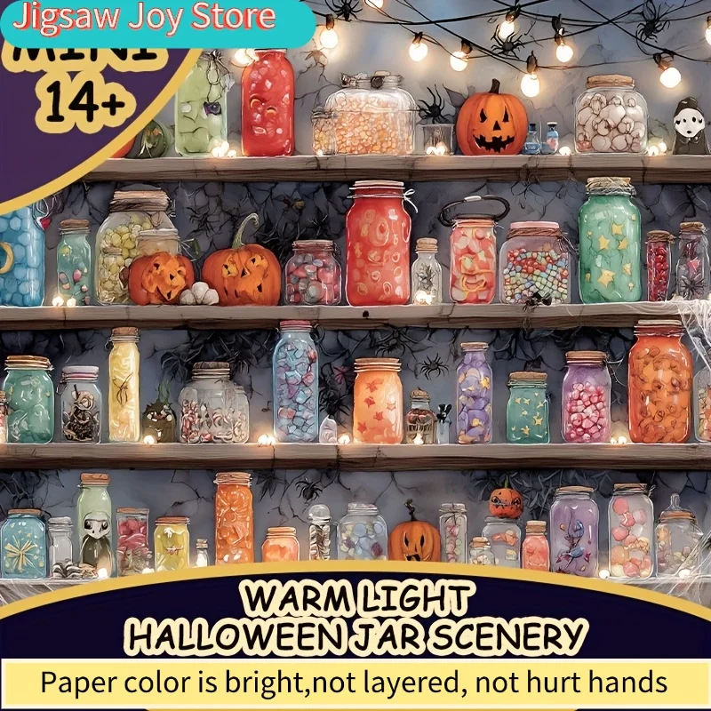 500 elementów puzzli dla dorosłych z motywem ciepłego, halloweenowego słoika, idealne do gier i zajęć na imprezy. To przytulne mieszanie