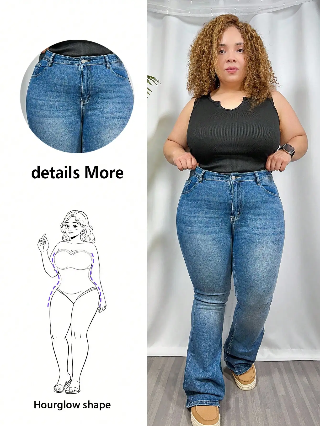 

Джинсы-клеш больших размеров с пуговицами спереди и карманами, повседневная одежда для фигуры «грушевидная»