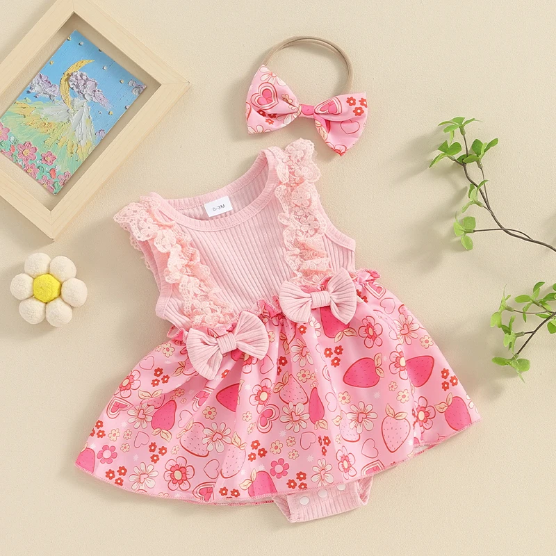 

Tregren 0-18M Newborn Baby Girls Cute Romper Dress Summer Sleeveless Flower Strawberry Print Bodysuit with Bowknot Hairband Set