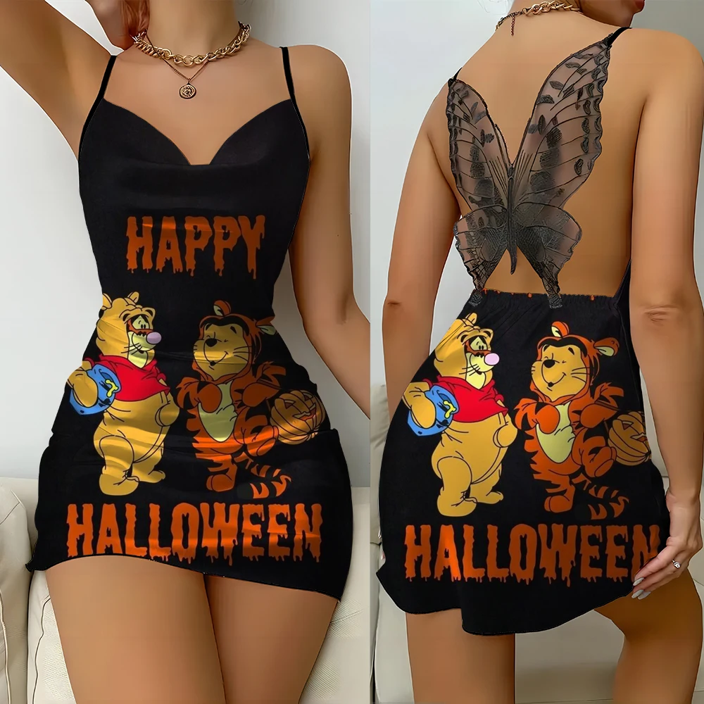 Women's Strapless Butterfly Lace Dress Halloween Winnie the Pooh Print Women's Funny Women's Party Dress Simple Fashion Style