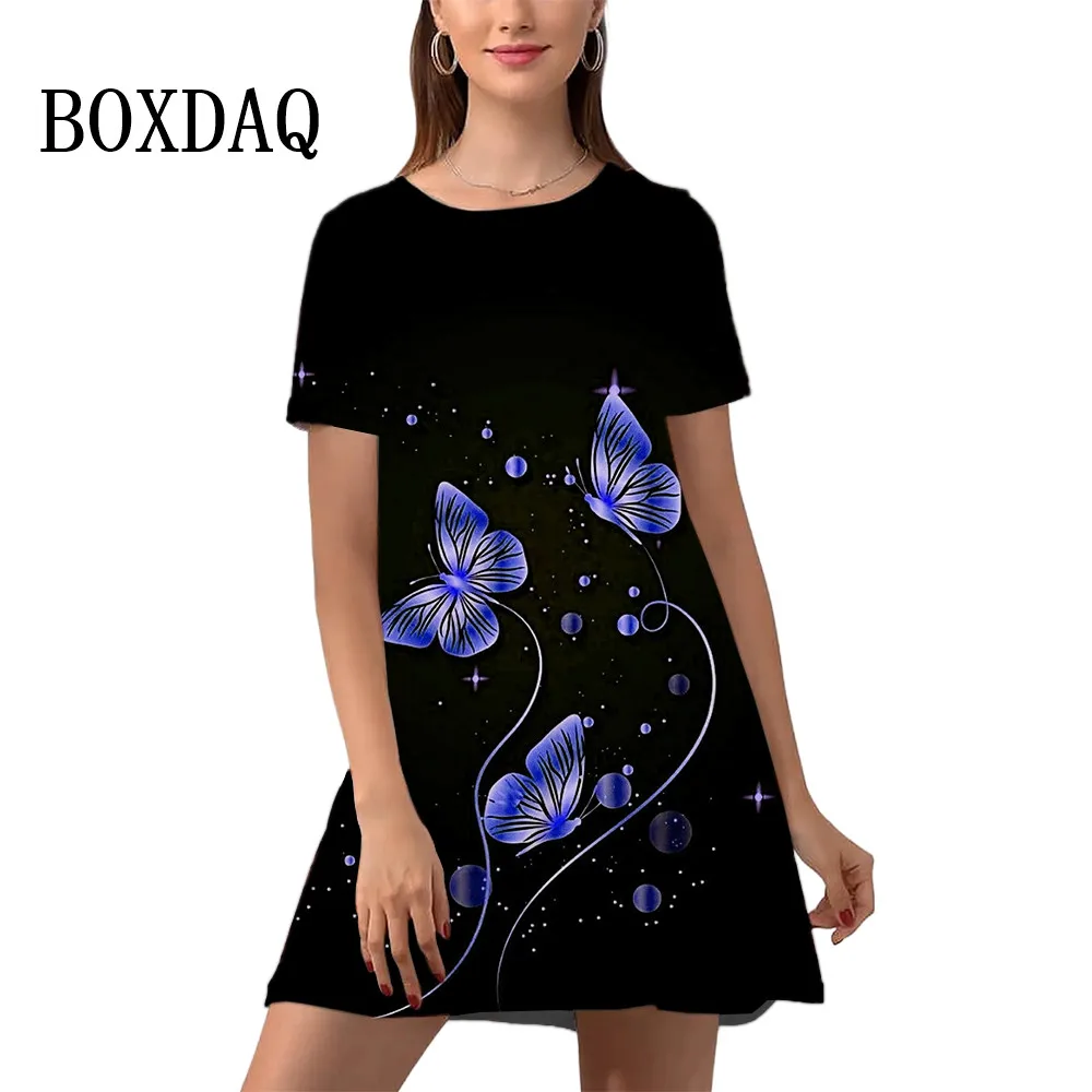 

New Summer Women Mini Dresses Casual Cute Butterfly Pattern Print A-Line Dress Short Sleeve Sweet Fashion Party Plus Size Dress