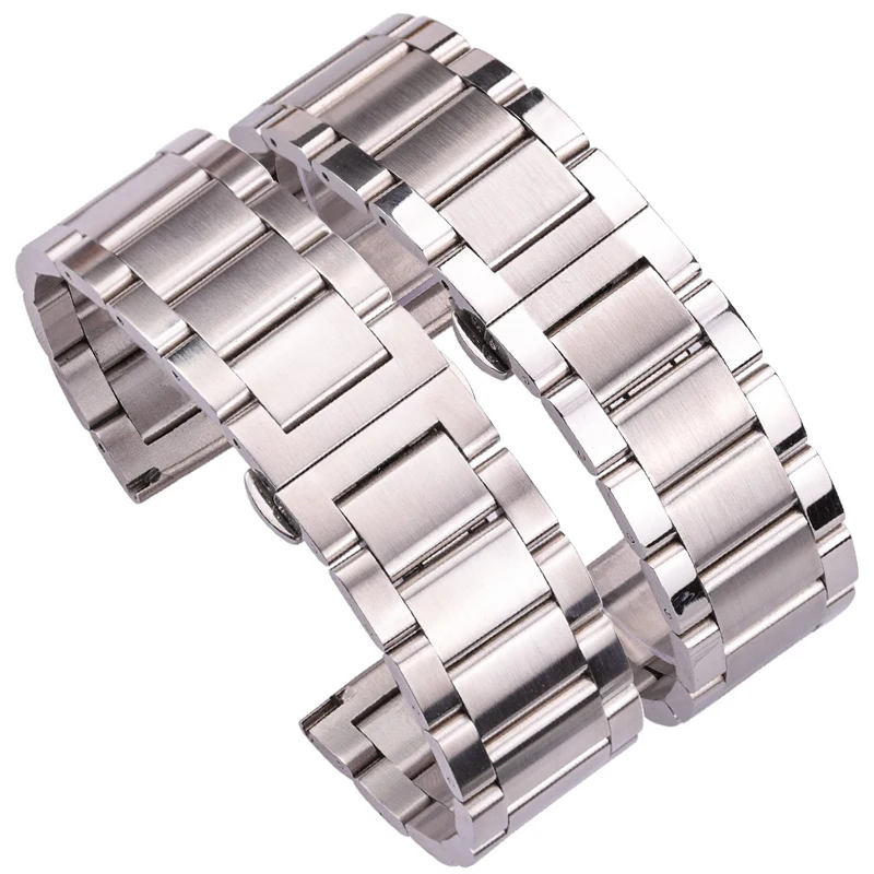 18 20 21 22 23 24mm Watchbands Solid Stainless Steel Silver Men Watch Band Bracelet Double Fold Deployment Clasp Strap