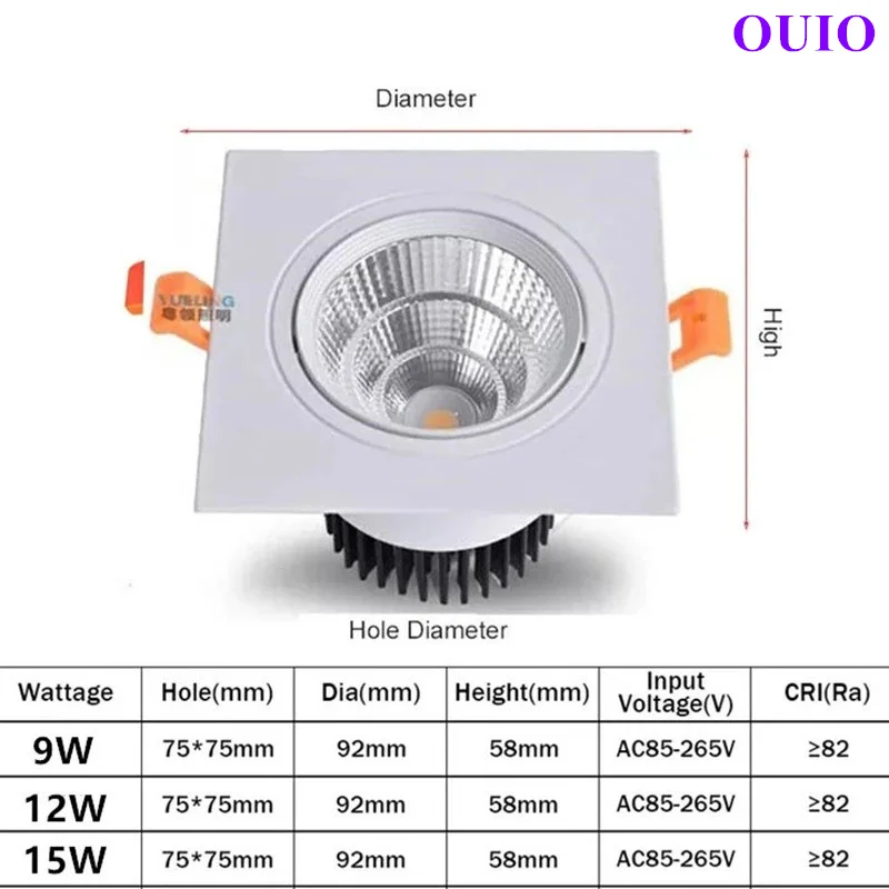 New Style Dimmable LED Downlights Recessed Square 9W 12W 15W COB Ceiling Lamp AC85-265V LED Spot Lights Indoor Lighting