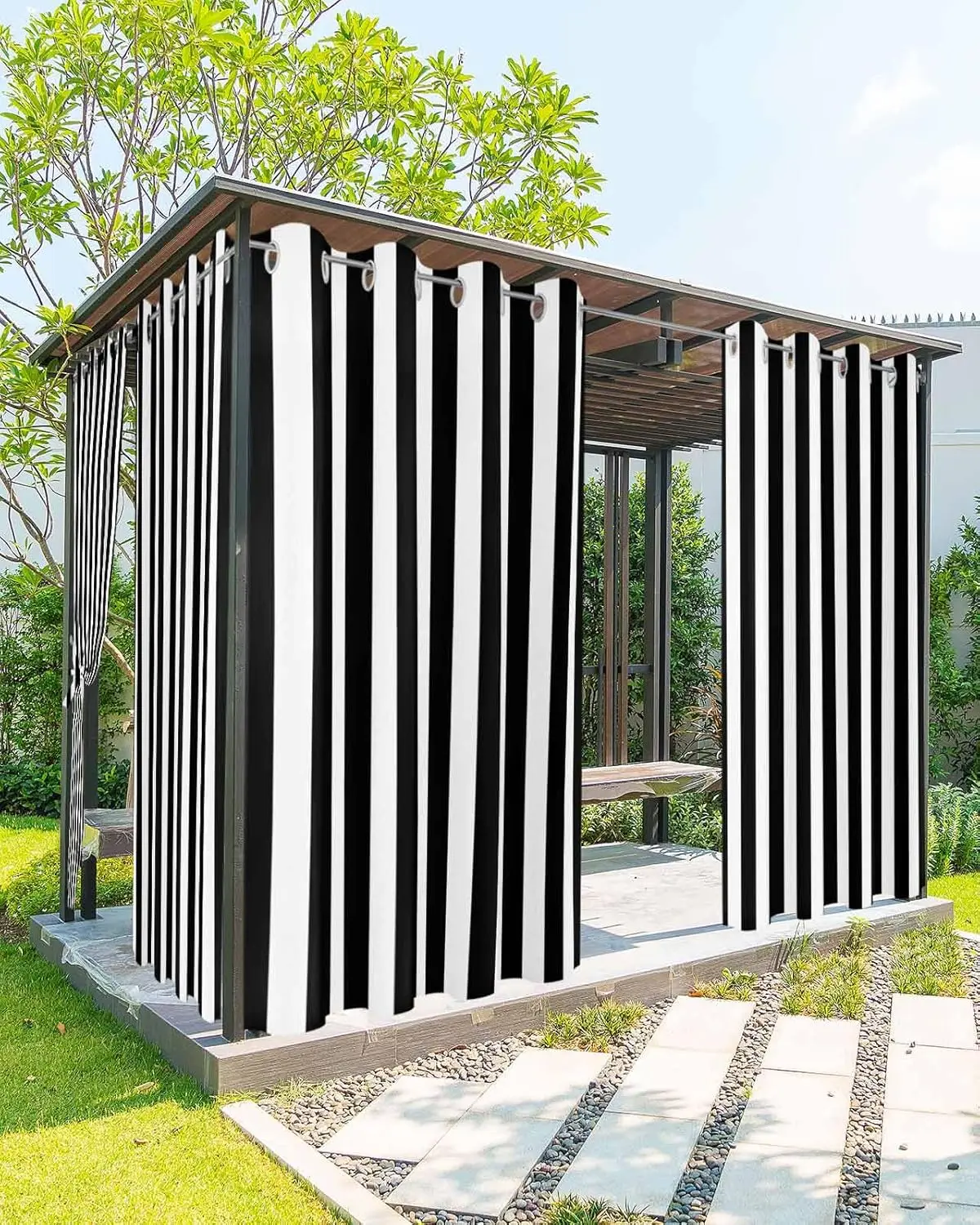

Striped Outdoor Curtains for Patio Waterproof, Black and White Privacy Grommet Drapes, 2 Panels 54x95