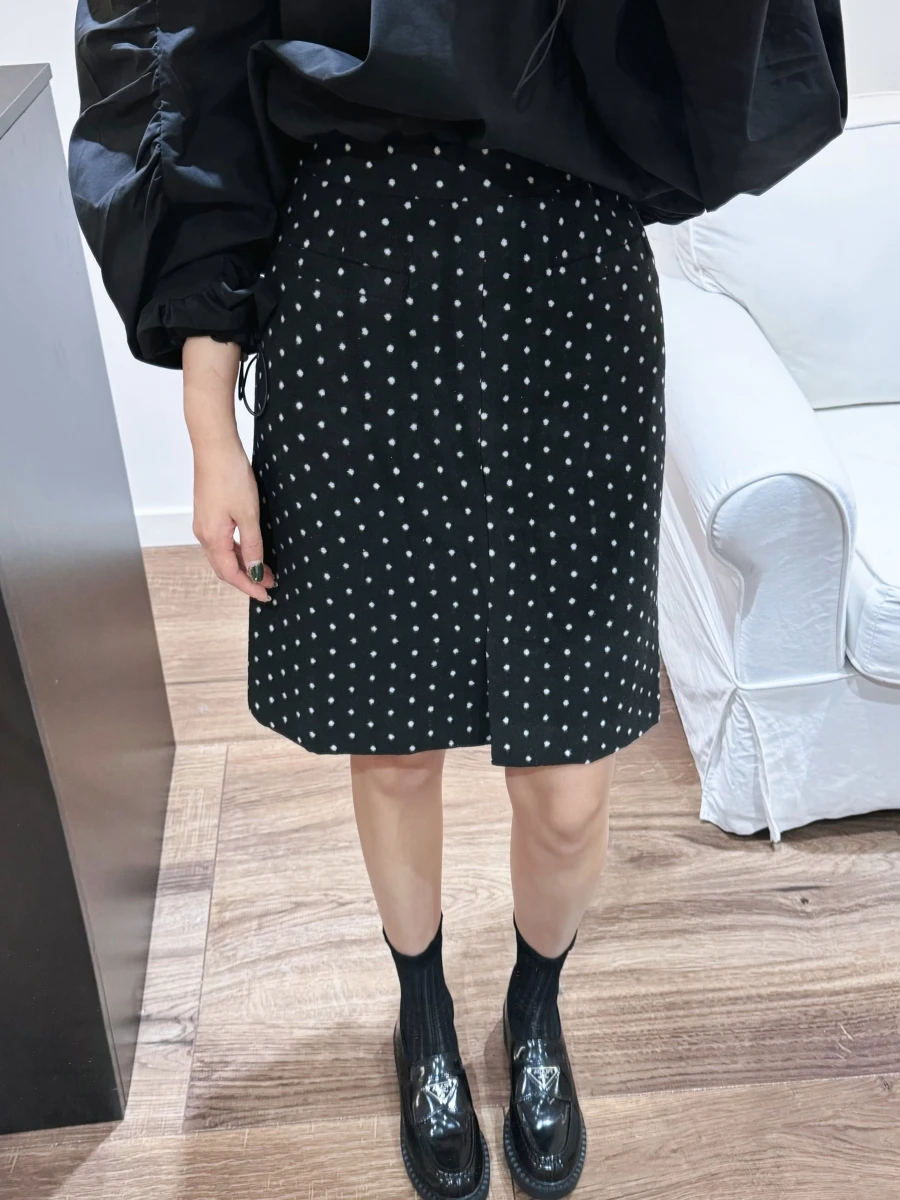 

Черно-белая асимметричная юбка миди в горошек, шерстяная юбка прямого кроя с завышенной талией, длинные юбки для женщин