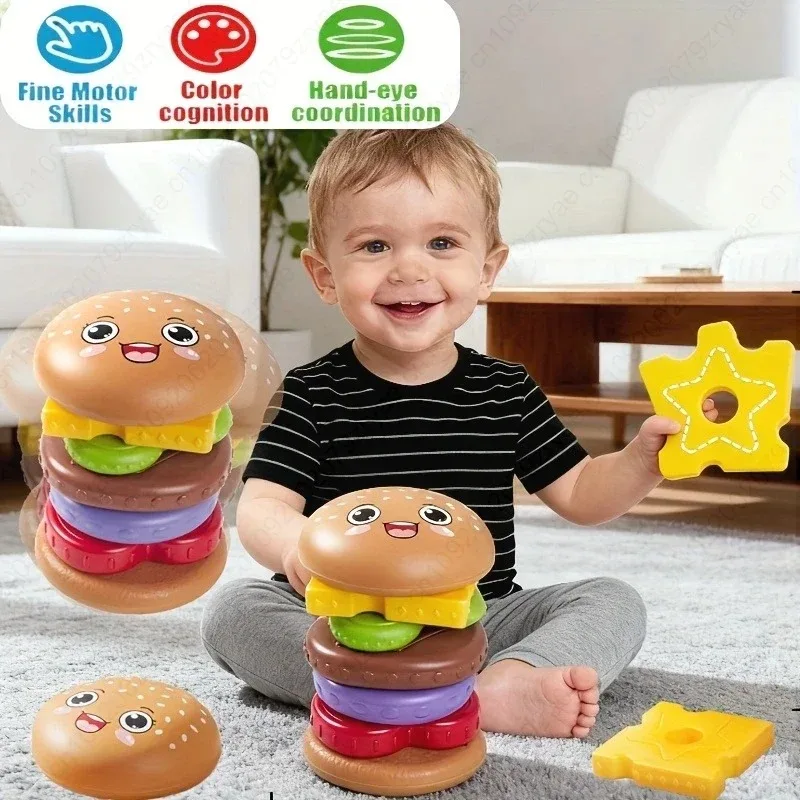 Bebê hambúrguer empilhamento brinquedo educação precoce do bebê quebra-cabeça comida brinquedo exercício dedo forma cognição pai criança interação