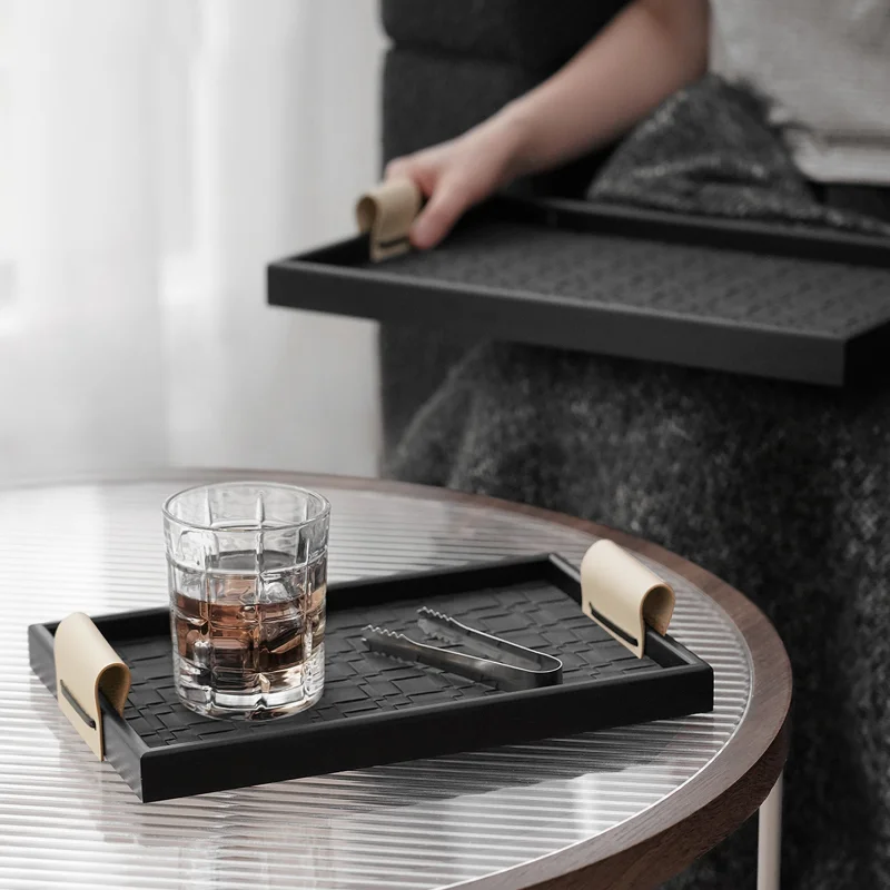 Woven Pattern Black Leather Tray Beige Storage Tray Advanced Aromatherapy Storage Trays Home Living Room Coffee Table Decoration