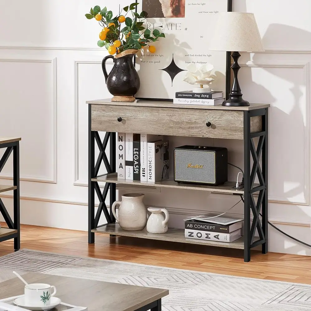 

ole Table with Power Outlets and USB Ports, Wooden Entryway Table with Der and Open Shelves, Narrow Soa Tables with Metal e or L