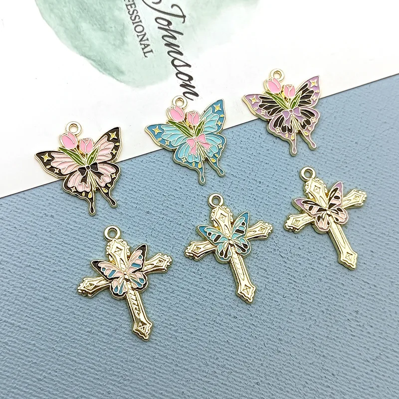 10Pcs Creative Rose Butterfly Cross Charms Alloy Pendent  For Phone Keychain Earring Bracelet Necklace DIY Crafts Jewelry Make