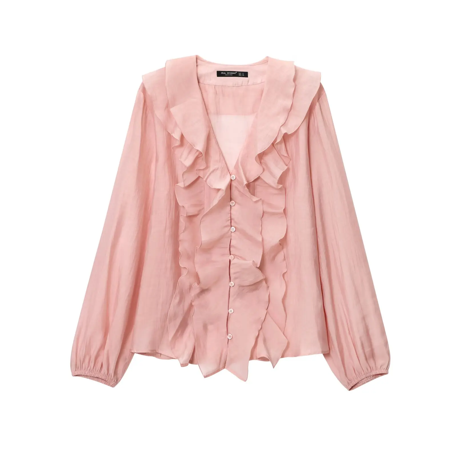 HH Französischer Stil Rosa Rüschenbesatz Bluse Damen V-Ausschnitt Knopfleiste Chiffon Elegant Sommer Urlaub Strand Business-Kleidung – Detail 2