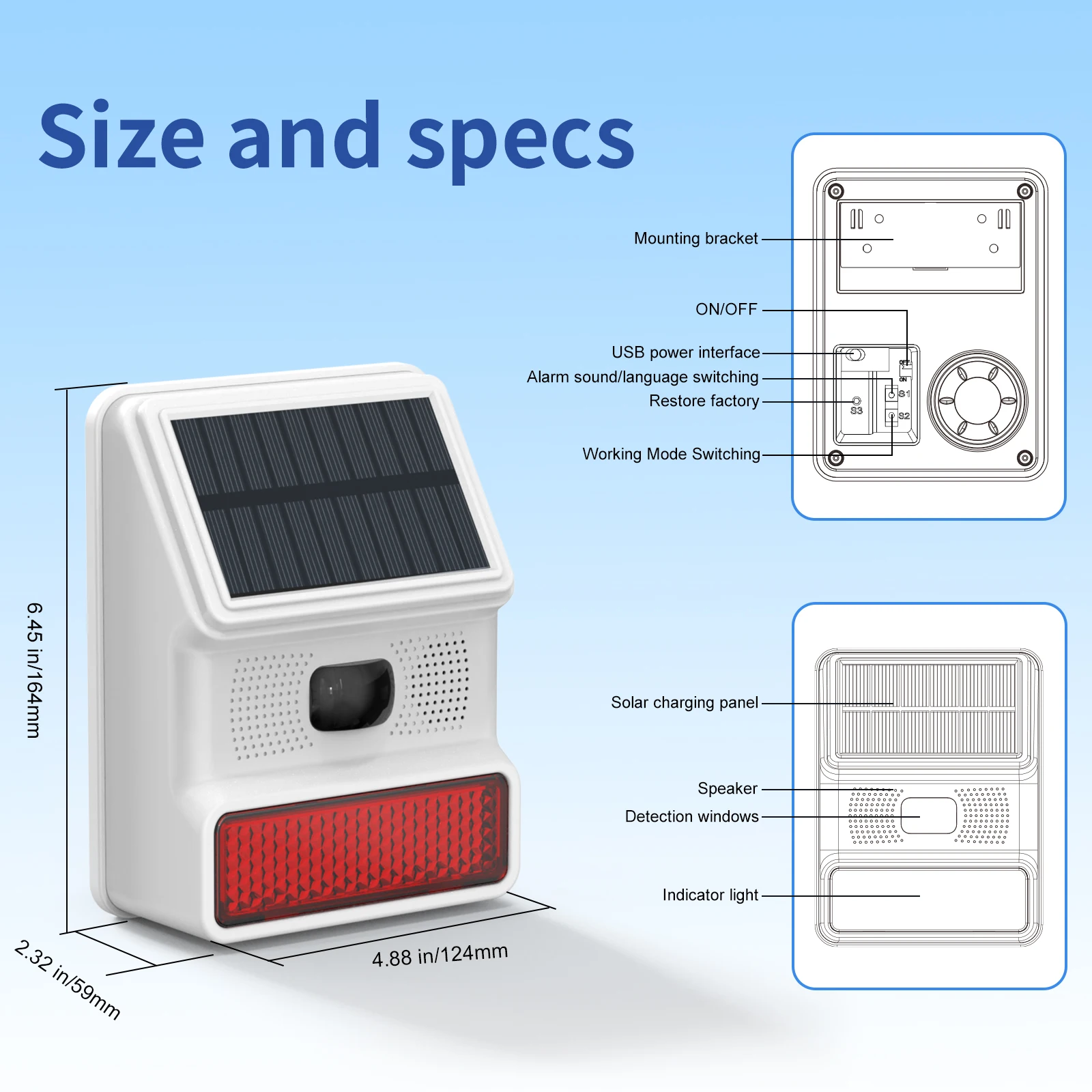 XUK Alarme com sensor de movimento solar 110dB, sirene à prova d'água IP65 - Alarme de segurança sem fio para casa, jardim, fazenda, antirroubo