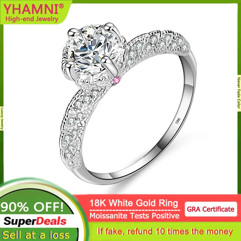 YHAMNI GRA Certified Real 18K White Gold Ring 1 Carat D Color Diamond Moissanite Ring uxury Wedding Jewelry for Women