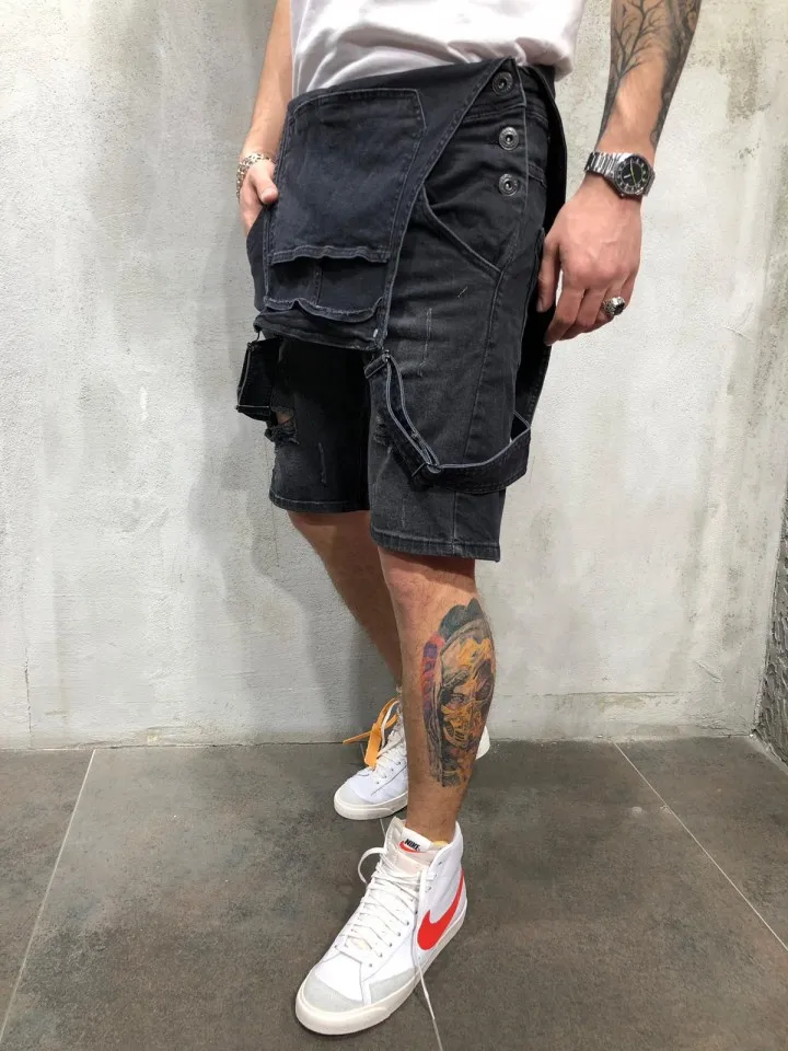 Men Jeans Shorts Denim Holes Solid High Waist Spliced Knee Length Washing Pockets Straight Distressed Overalls One Piece