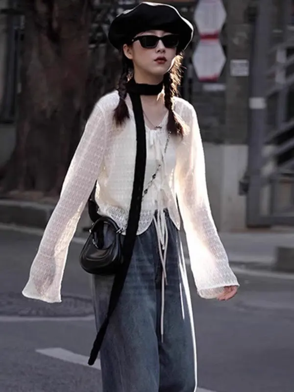 

Sun Protection Lace Trim Cardigan Thin Silk Chiffon Women's Strap Dress Outer Cover Summer Shawl Small Cannon Thin Film Ice S...