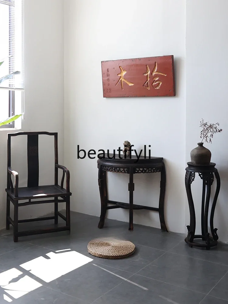 Crescent moon table, half round table, Xuanguan platform, solid wood case table, antique Ming and Qing flowers